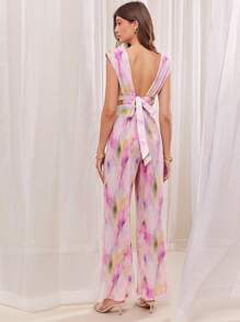 L'Amorae Bộ đồ liền thân bằng vải satin xếp ly họa tiết hoa màu hồng dành cho nữ, cổ chữ V sâu, buộc dây sau lưng và ống quần rộng - Nhiều màu - Xem 3