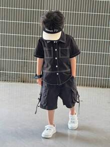 SHEIN 儿童男童休闲运动撞色缝线口袋翻领前开短袖黑色编织衬衫，适合通勤、上学、日常休闲、旅行、运动、春夏秋冬 - 黑色 - 查看 5