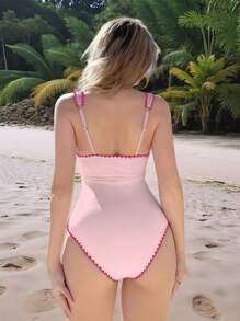 SHEIN Swim Mod 女士沙滩装，纯色罗纹修身连体泳衣，夏季新款简约优雅 - 粉色 - 查看 2