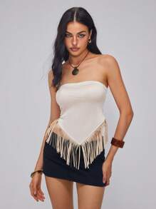 Roylia 女士纯色抹胸拼布下摆流苏休闲假日上衣 - 杏色 - 查看 1