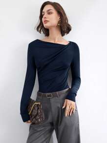 BizChic 2025 夏季新款不对称剪裁肩带长袖女式 T 恤，休闲商务通勤优雅海滩度假适合婚礼宾客、乡村音乐节、早餐、机场、90 年代复古斯德哥尔摩、7 月 4 日 - 藏蓝色 - 查看 7