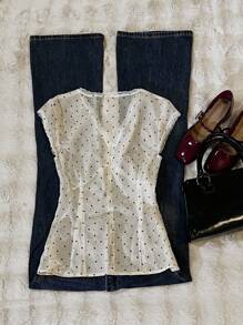 Women's Contrast Lace Polka Dot Print Button Single Breasted Capped Sleeve T-Shirt