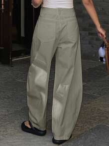 Livesso Women's Solid Color Loose Fit Straight Leg Pockets Pants, Casual Wear For Spring & Summer - Army Green - View 2