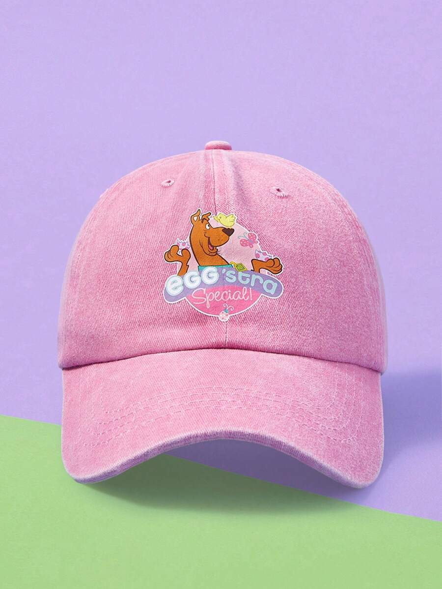 SCOOBY-DOO X SHEIN Cartoon Puppy & Letter Print Pink Washed Baseball Cap - Pink - View 1