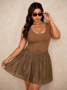 Elaquor Plus Size Women Casual Frill Trim Round Neck Sleeveless Dress - Coffee Brown - View 3