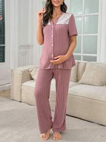 SHEIN Women Casual Lace Patchwork V-Neck Short Sleeve Loungewear Set With Pants, Maternity Pajamas