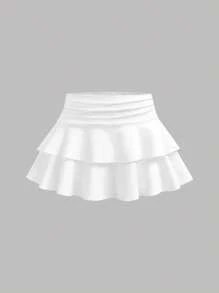 Girlism مجموعة بقطعتين للمراهقات تشمل: توب بخصر قصير مزين بطبعة زهور زرقاء وبيضاء مع كشكشة على الهيم غير متماثل، تنورة ميني متعددة الطبقات