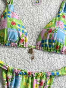 SHEIN Swim 2 Stücke/Set Sommer Urlaub zufälliges Muster Gold Palme Herz Dekor Bralette Triangel Top und Tanga Unterteil Bademode für Strandurlaub Frauen