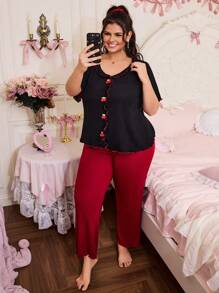 SHEIN Plus Size Color Contrast Ruffle Cherry Print Pajama Set - Multicolor - View 3