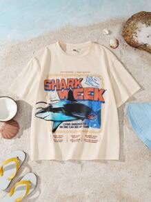 Shark Week X SHEIN Tween Boys Casual Apricot Shark Print Short Sleeve T-Shirt