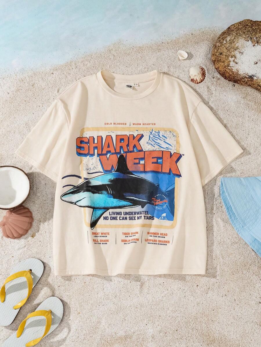 Shark Week X SHEIN Tween Boys Casual Apricot Shark Print Short Sleeve T-Shirt
