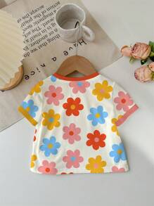 SHEIN Cute Floral Print, Baby Girl Casual Minimalist Short Sleeve Round Neck Top, Suitable For Summer - Multicolor - View 3