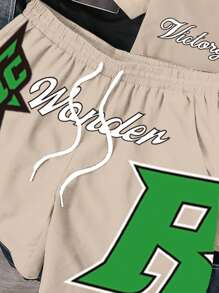 Manfinity Joysei Men's Fashion Loose Knit Retro Short Sleeve Round Neck Letter Print T-Shirt Set, Suitable For Summer Outings - Khaki - View 4