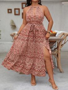 SHEIN Clasi Vestido casual de vacaciones con estampado floral, cuello anudado, sin mangas, con abertura en el bajo, para tallas grandes - Multicolor - Ver 3