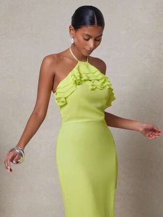 L'Amorae 优雅荷叶边无袖露背修身纯色雪纺夏季长裙，婚礼宾客礼服，女士夏季服装，女士度假服装，生日服装