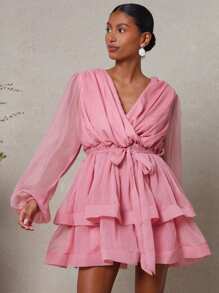 L'Amorae Váy ngắn mùa hè xếp tầng tay bồng cổ chữ V thanh lịch buộc phía trước cho nữ, trang phục mùa hè cho nữ, trang phục đi nghỉ cho nữ, trang phục sinh nhật - Hồng - Xem 2