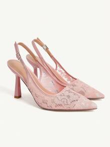 CUCCOO CHICEST Women's Elegant Romantic Shallow Pink Net Yarn Embroidered Lace Square Toe Thin High Heel Slip-On Shoes, Suitable For Bride, Bridesmaid, Afternoon Tea, Date, Party, Wedding Season - Pink - View 2