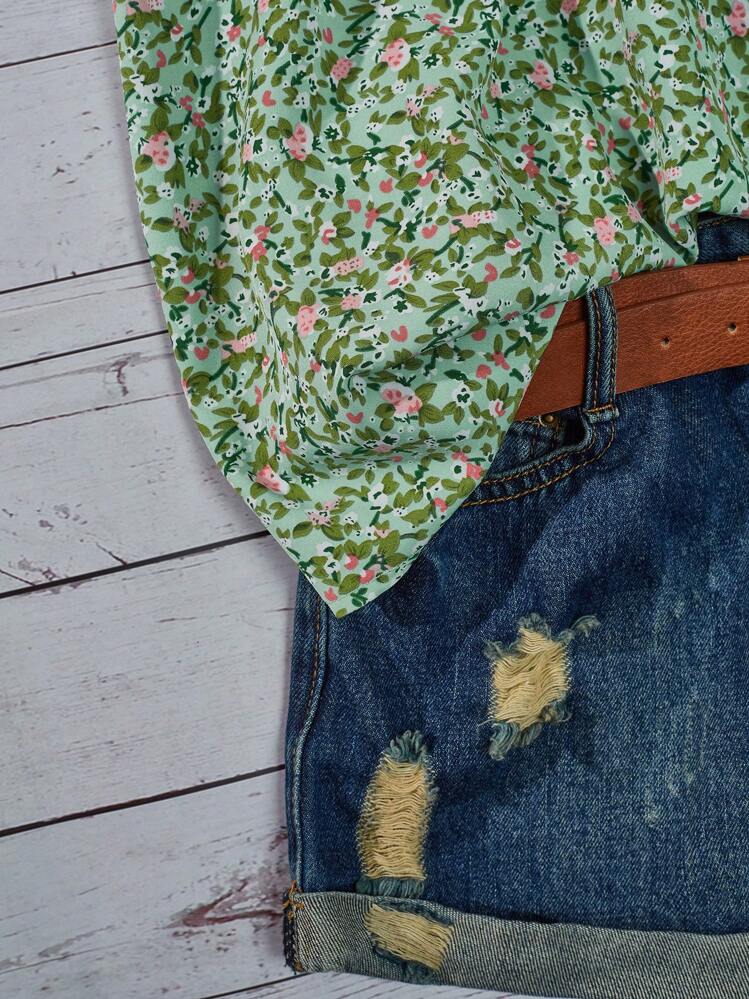 Linhara Plus Holiday Summer Elegant Going Out Tops Summer Green Floral Vacation Style Fold Sleeve Round Neck Blouse - Multicolor - View 3