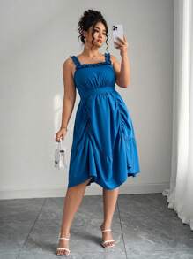 Elenzga 优雅休闲下午茶大码女式短款荷叶边吊带百褶连衣裙，蓝色 - 藍色 - 查看 5