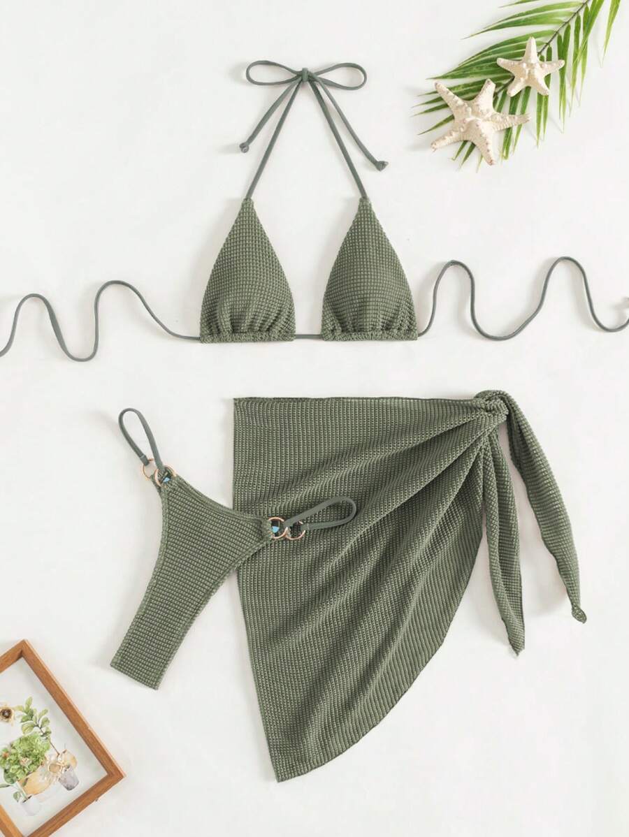 SHEIN Swim 3pcs Vacation Beach Bikini Set, Special Fabric For Summer - Army Green - View 1