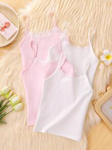 Sparklyn 4pcs Girls Solid Color Lace Trim Soft Cotton Activewear Set, Simple Minimalist Versatile Sports Innerwear/Outerwear Ensemble