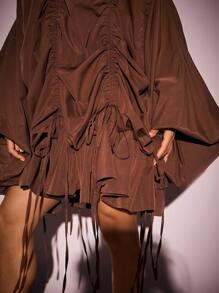 Vixey Off Shoulder Drawstring Detail Balloon Sleeve Boho Dress, Boho Women Clothing, Spring Dress, Summer Dress, Fall Outfits, Fall Clothes For Women,