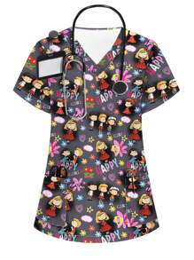 PopScrub Nursing Scrub Uniform Top, V-Neck Short Sleeve, Minimalist & Fashionable, Suitable For Summer Women Summer Tops Women For Women Women Scrubs,Women's Fashion Casual Sports Scrub Tops, Business Women Clothing, Women's Summer Tops Multi-Occasion Wear Versatility, Women's Summer Beach Shirts,Tops With Cute Puppies, Bees, Insects, Kittens, Flowers, Grass, Trees, Hearts, Clouds, Ice Cream, Donuts, Butterflies, Starfish, Tie-Dye And Other Printed Patterns - Black - View 1