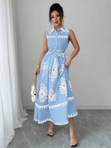 Chiquease Sleeveless Collar Cinched Waist A-Line Digital Print Mini Dress - Blue - View 4