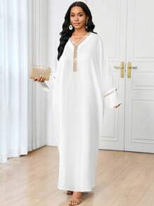 SHEIN Lady V-Neck Gold Hot Diamond Details Black Modest Dress - White - View 6