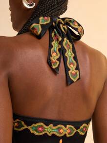 CAJUNI Đầm dệt kim in họa tiết hoa nhiệt đới màu đen ôm vừa vặn chéo lưng cho nữ - Nhiều màu - Xem 7