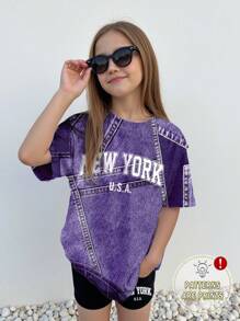 SHEIN Leap Crew 青少年女孩休闲简约短袖 T 恤和短裤两件套，适合夏季