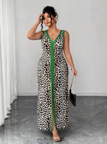 Elenzga Plus Size Leopard Print Sleeveless Deep V-Neck Low Waist Bodycon Asymmetric Collar Dress Women Dresses Birthday Women Casual Dress Women S Clothes Woman S Summer Clothes Women Summer Clothing - Multicolor - View 4