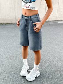 SHEIN 少女 Y2K 时尚街头服饰蓝色水洗牛仔宽松低腰百慕大短裤牛仔长短裤，夏季波西米亚风度假音乐会 - 中等水洗藍 - 查看 4