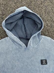 SHEIN 2Pcs Tween Boy Fashion Casual Patch Details Blue Knitted Denim Loose Sleeveless Denim Hoodies And Comfortable And Breathable Denim Shorts For Kids Clothes Boys Soft Dailywear And Kids Summer And Spring Rave Outfits Festival And Beach Outfits Clothes - Blue - View 5