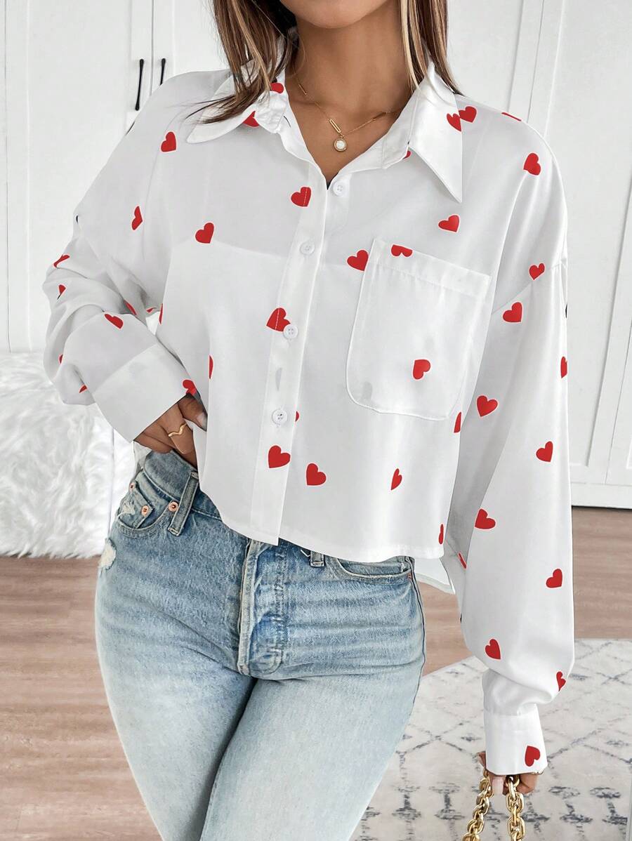Calvaya Women's Valentine's Day Heart Print Front Short Back Long Shirt Fall Cloth For Women - Red and White - View 1