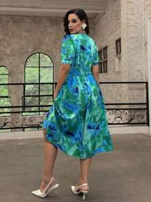 SHEIN Privé Plus Size Floral Print Asymmetrical Hem Ruffle Dress, Elegant French Romantic Style, Suitable For Fall - Multicolor - View 2