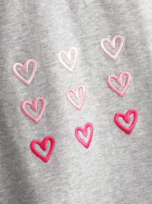 SHEIN 少女灰绿色爱心刺绣甜美圆领短袖字母印花休闲T恤超大码 - 淺灰色 - 查看 5
