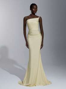 Elitara 优雅、浪漫、性感的极简主义无袖短款上衣，浅绿色针织松紧带，编织绳装饰，露背，修身，高开衩，时尚，网红风格，适合节日、派对、婚礼、伴娘礼服 - 芥末黃 - 查看 6