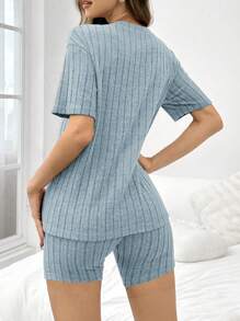 SHEIN Women's Solid Color Rib Knitted Loose Round Neck Short Sleeve Top & Shorts Casual Pajama Set Outfit - Blue - View 2