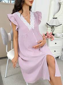 SHEIN Camicia da notte lunga da donna casual, con scollo a V in pizzo, monopetto, con volant, ampia, adatta alla gravidanza