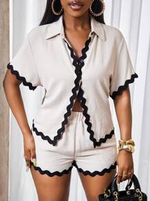 BamGleam Lace Hem Short Sleeve Shirt - Apricot - View 4