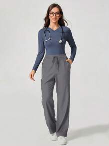 TaskEZ Solid Color Multi-Pocket High Waist Scrub Uniform Bottom - Light Grey - View 4