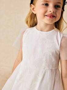 SHEIN Young Girls & Elegant Mesh Patchwork Puff Sleeve Dress - White - View 5