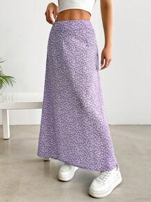SHEIN EZwear 女式高腰长款雪纺碎花休闲裙，夏季，浅紫色 - 紫色 - 查看 4