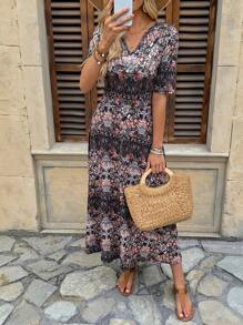 EMERY ROSE Vestido de línea A de longitud media con cuello en V y estampado floral diminuto, estilizador, de estilo veraniego - Vestido elegante ajustado y estampado floral diminuto al estilo francés - Vestido floral diminuto vintage - Vestido casual