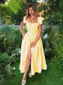 Flirla Plus Size Women Striped Print Ruffle Hem Maxi Dress - Yellow - View 7