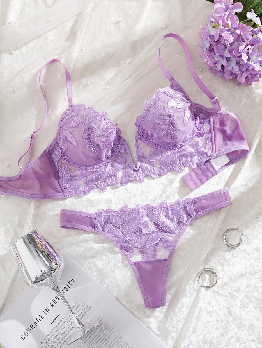 2件套法式经典黑色V型文胸内衣套装 - 紫丁香色 - 查看 1