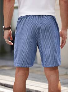 HIMLAND Quần short ống đứng dệt sọc đơn giản ôm vừa vặn cho nam, thích hợp mặc hàng ngày vào mùa hè - Màu xanh bạc hà - Xem 2