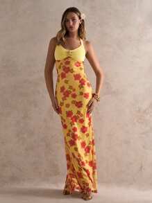 Glamine Abito lungo estivo da donna in stile romantico da vacanza primaverile ed estiva, con spalline a collo alto, decorazione in metallo a forma di stella marina, stampa floreale in rete, taglio aderente ed elastico, senza maniche