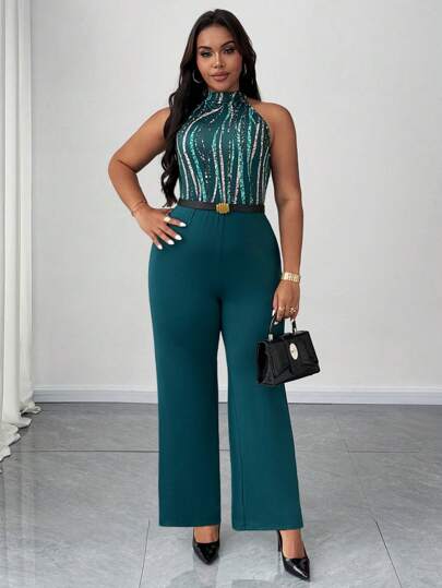 Celure 大码女式拼接腰部直筒休闲宽松连体裤